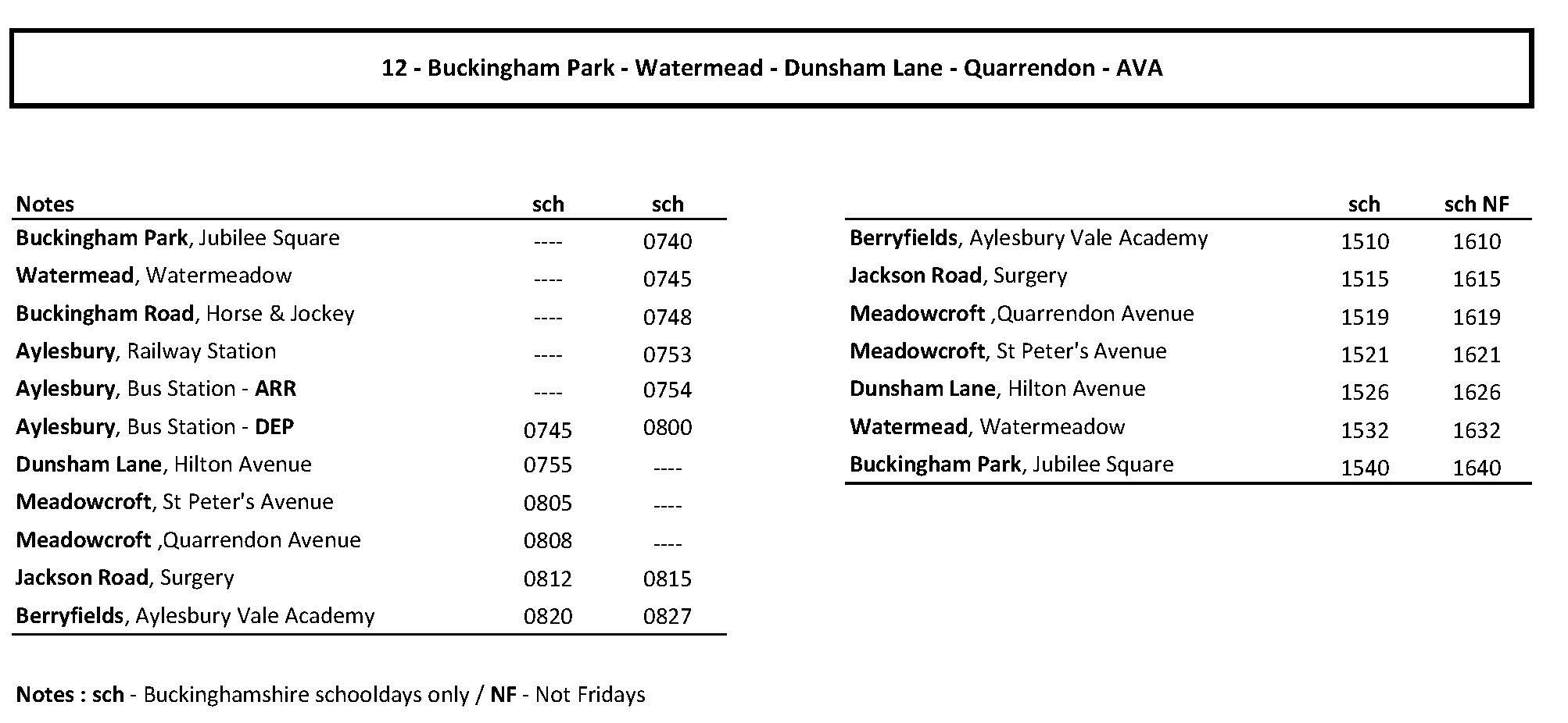 Service 12 timetable