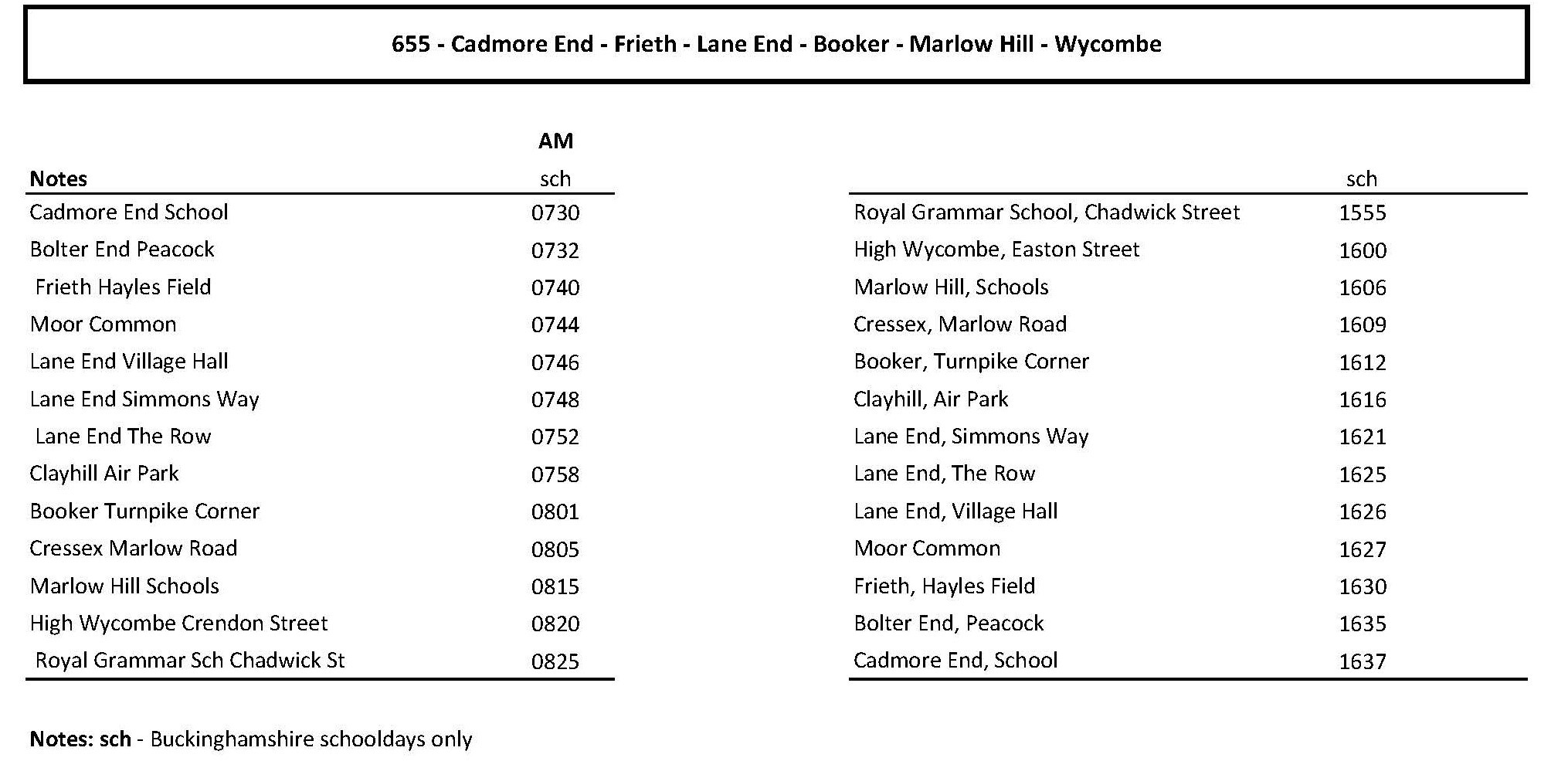655 Timetable