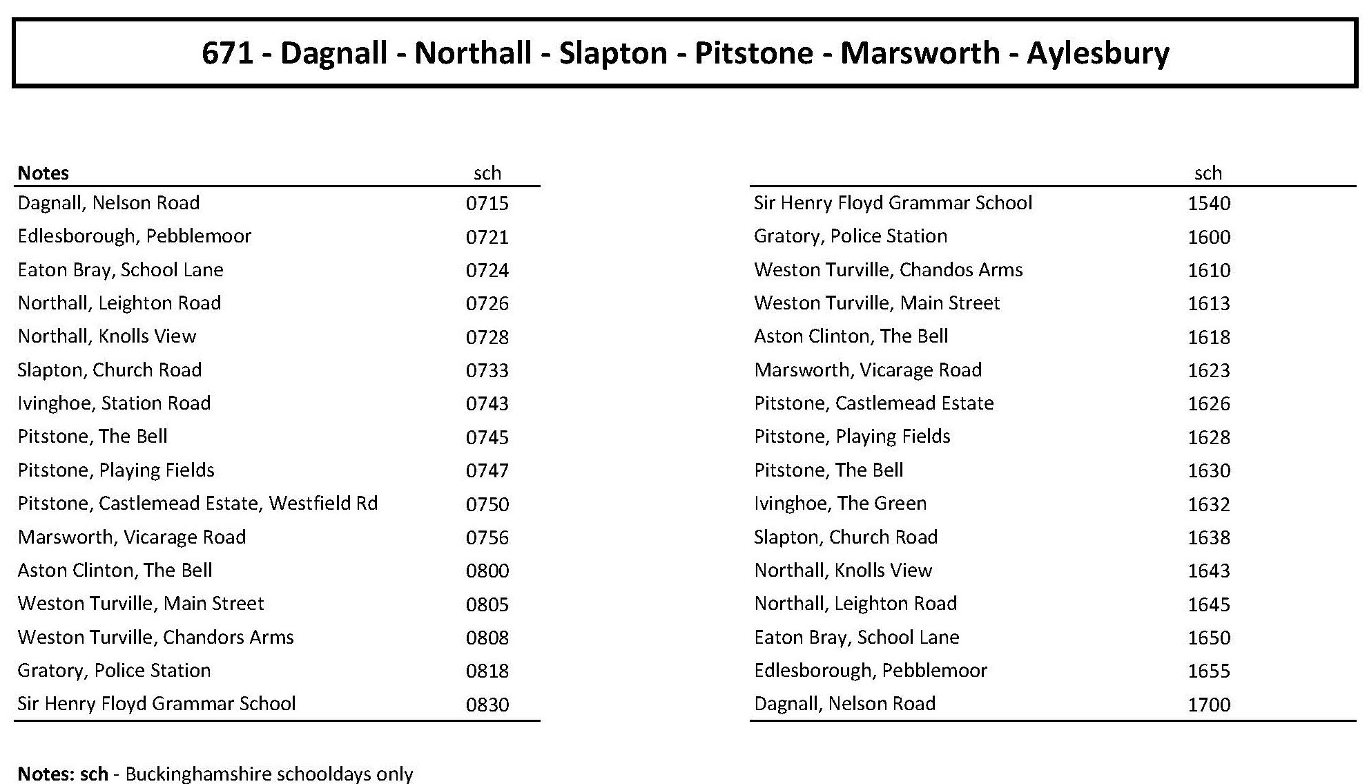 671 Timetable