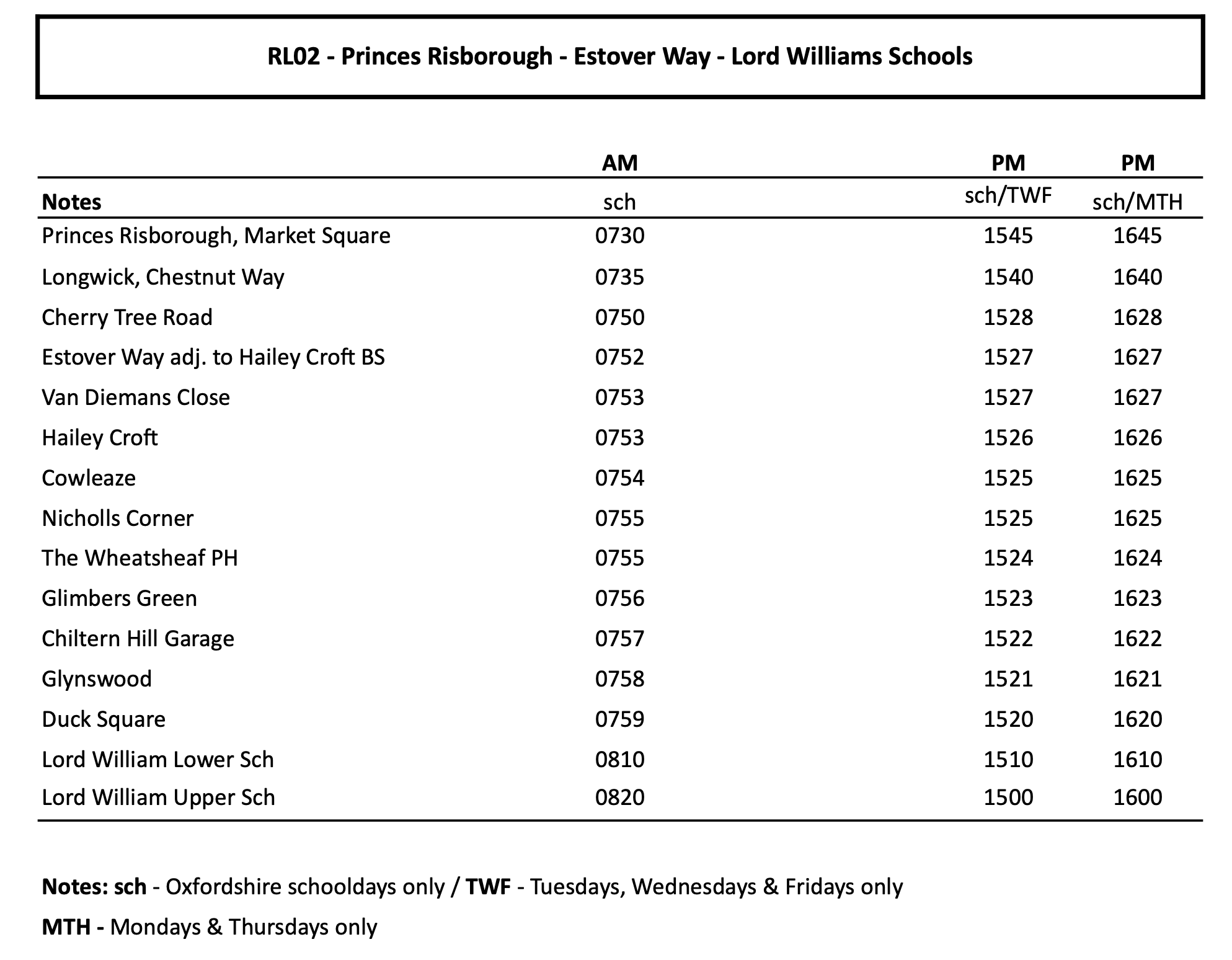 Timetable for service RL02