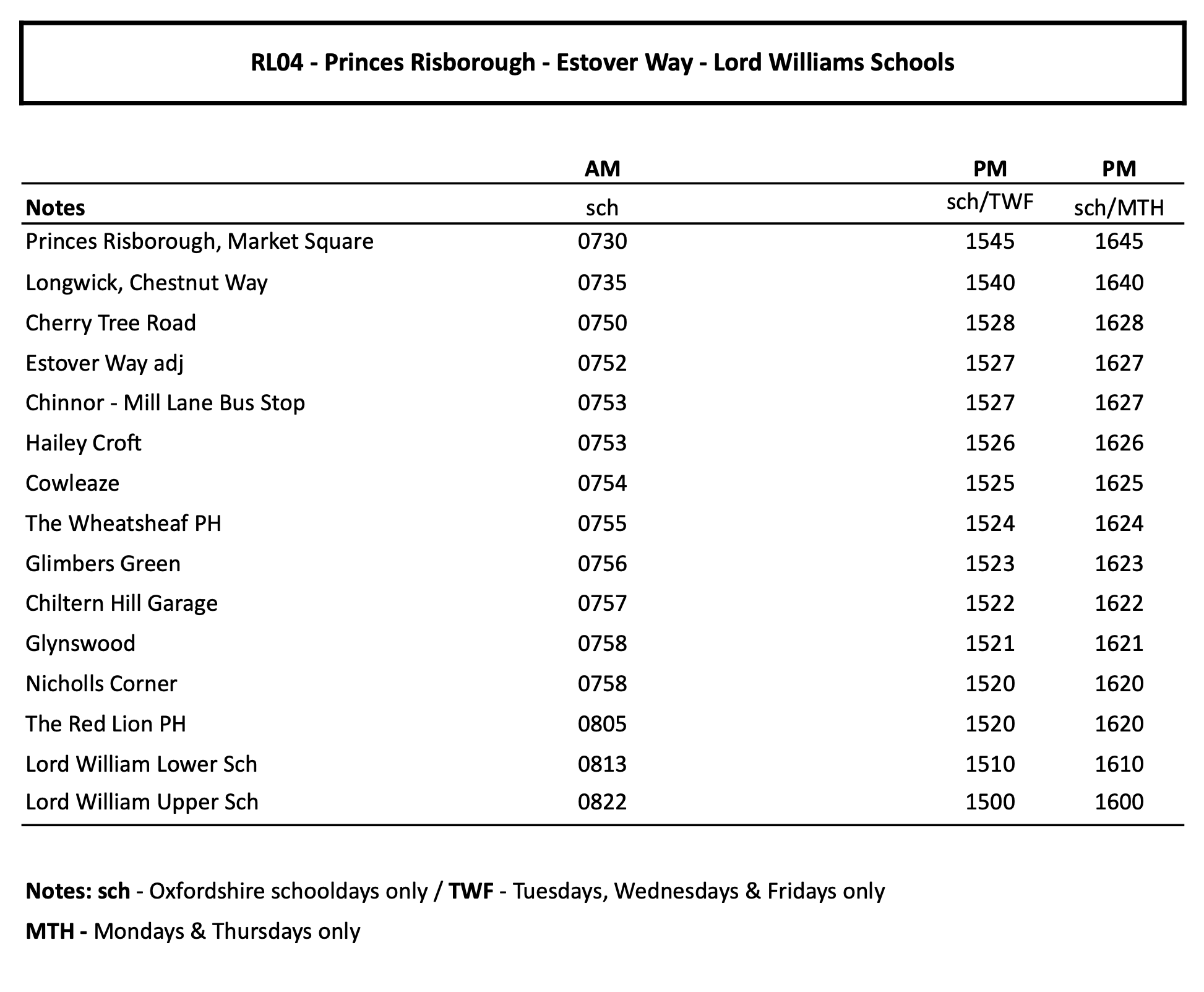 Timetable for service RL04