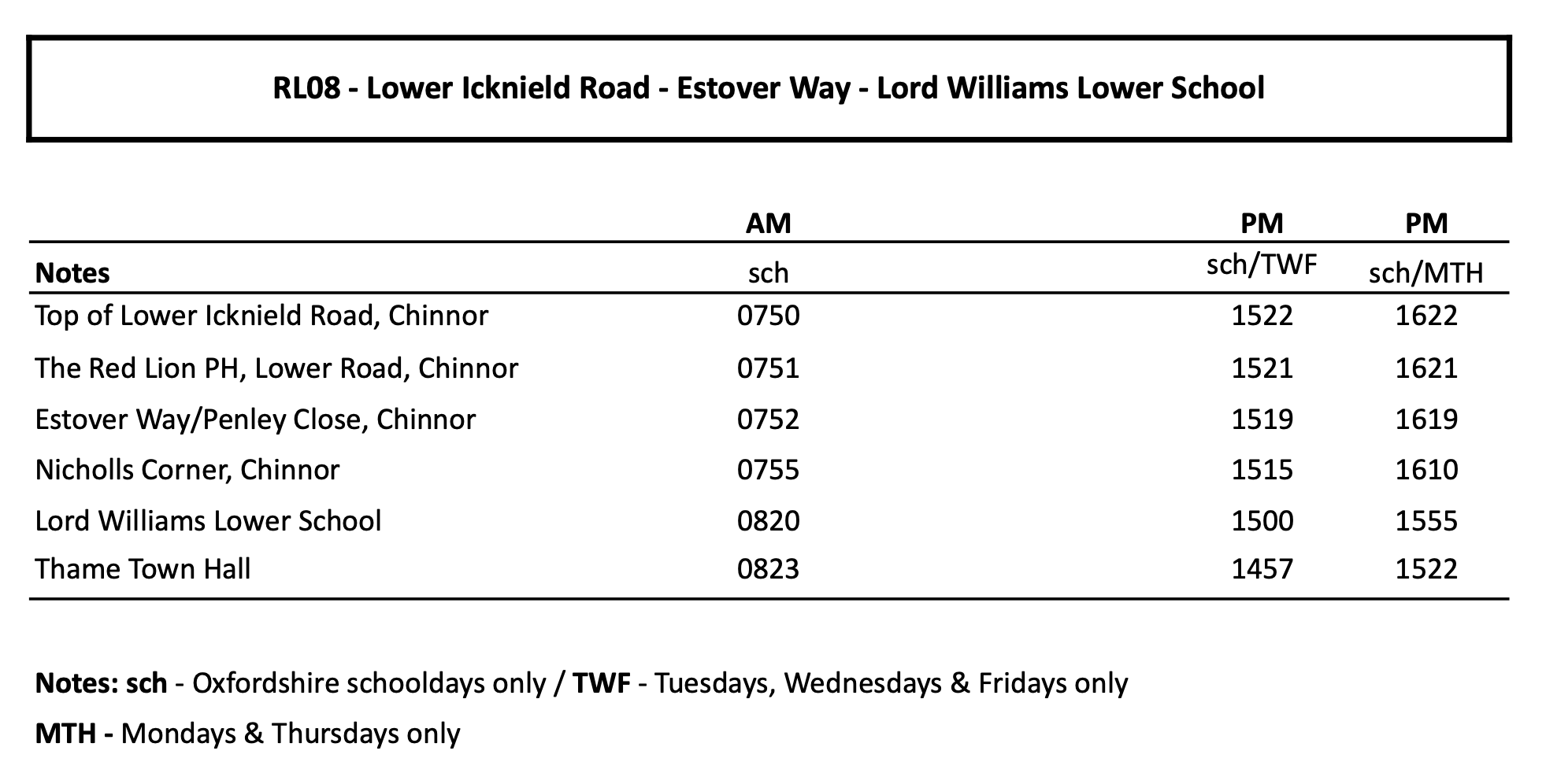 Timetable for service RL08
