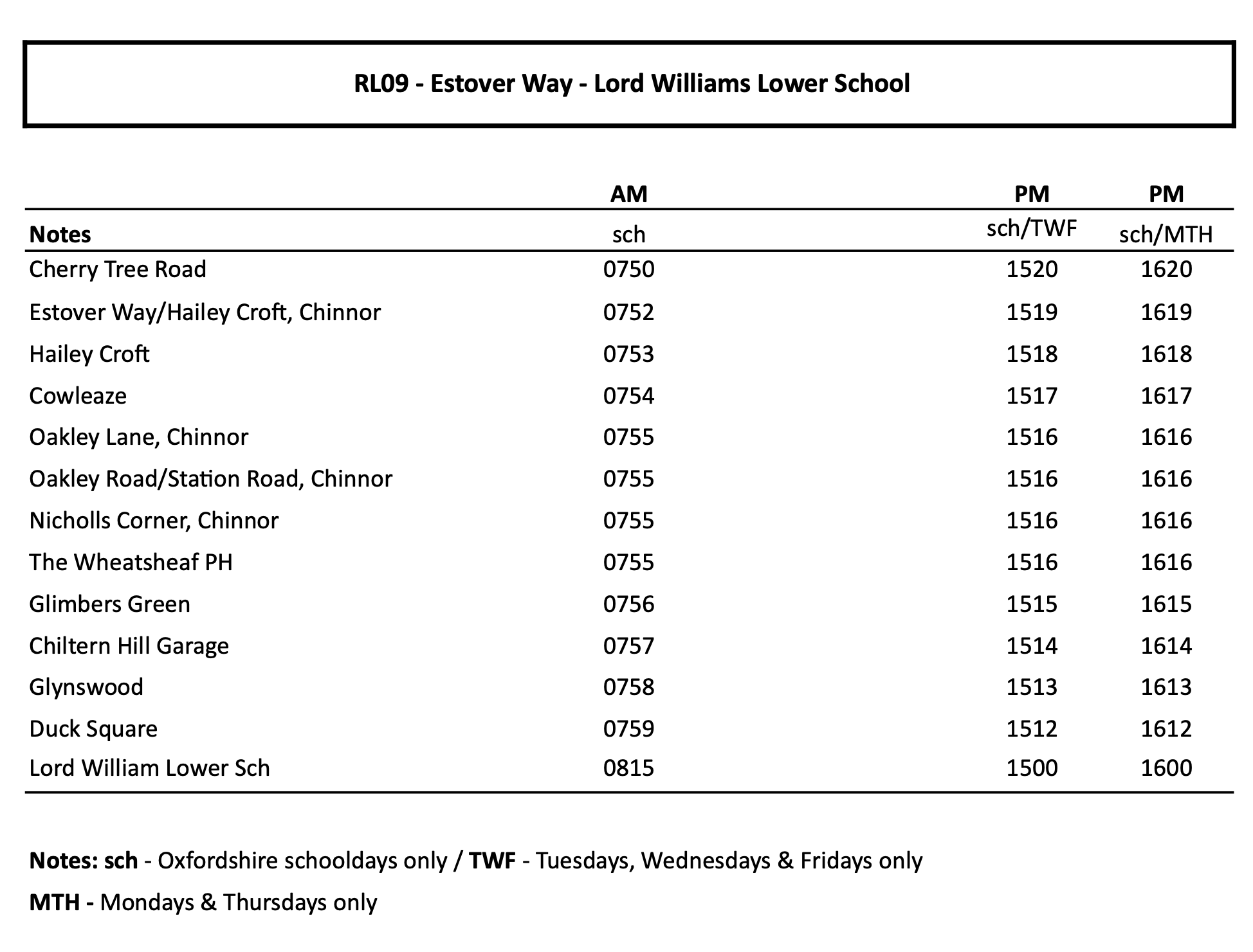 Timetables for service RL09